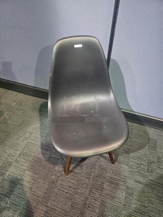 ALL ONE MONEY Set of two black chairs with wooden legs. In good condition- minor scratches and fading as shown in the pictures. 18” W x 33.5” H x 15” D. 