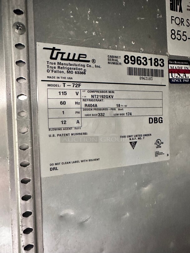 Late Model True T-72F 78" Solid Door Reach-In Freezer 115 Volt Working - Image 9 of 9