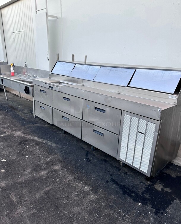 Working Delfield F18RC114 114 inch Three Door Refrigerated Pizza Prep Table - Image 5 of 8