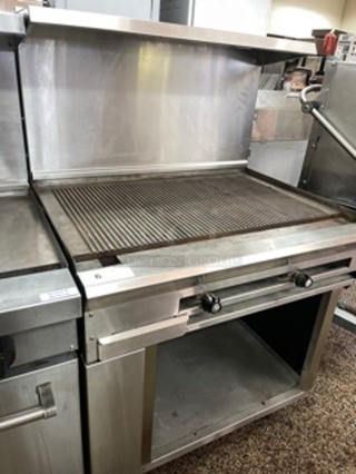 American Range 36 inch Natural Gas Commercial Grooved Griddle Thermostatic Control NSF with Over shelf  Highly Polished 1
