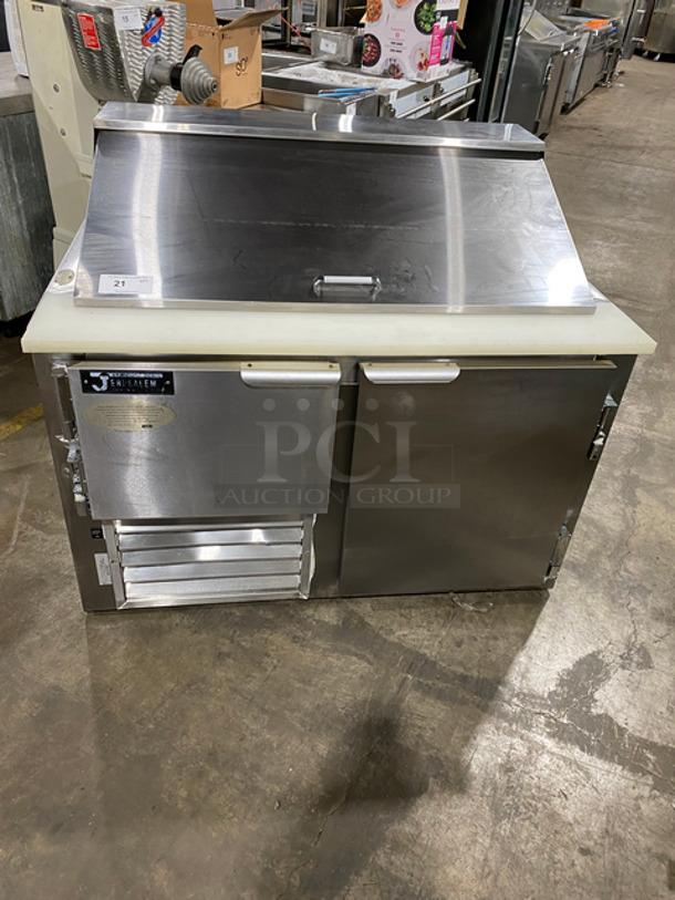Leader Commercial Refrigerated Sandwich/Salad Prep Table! With Commercial Cutting Board! With 2 Door Storage Space Underneath! With Poly Coated Rack! All Stainless Steel! Model: LM48S/C SN: PW06M1003 115V 60HZ 1 Phase