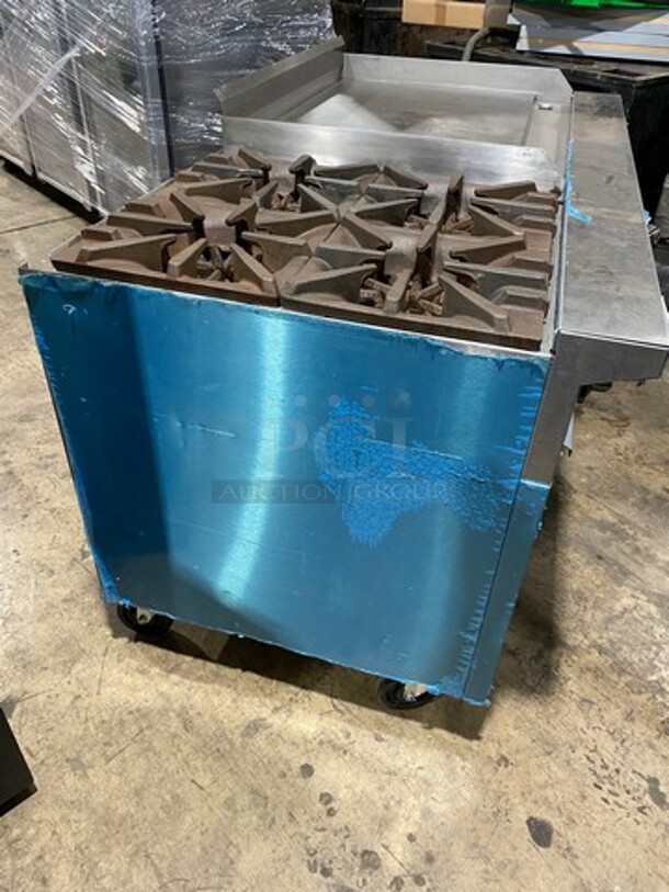 WOW! NEVER USED! Garland Commercial Natural Gas Powered 4 Burner Stove With Right Side Flat Griddle! Griddle Has Back And Side Splashes! With 2 Compartment Storage Space Underneath! All Stainless Steel! On Casters! Model: G604G36SS SN: 1712100102342 - Image 4 of 12