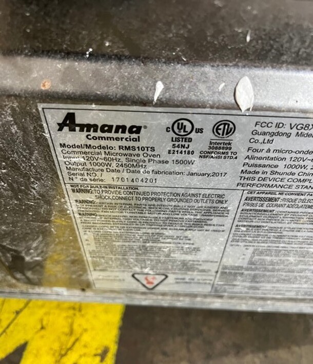 Amana Stainless Steel Commercial Countertop Microwave Oven! Working When Removed! Model RMS10TS  120V 1PH  - Image 6 of 7