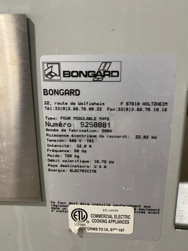 AMAZING! Bongard Commercial Electric Powered Modular Double Deck Baking Oven! All Stainless Steel! On Casters! With Steam Line! Model: FOURMODULABLEM4FE SN:9258881! 2 X Your Bid Makes One Unit! - Image 10 of 12