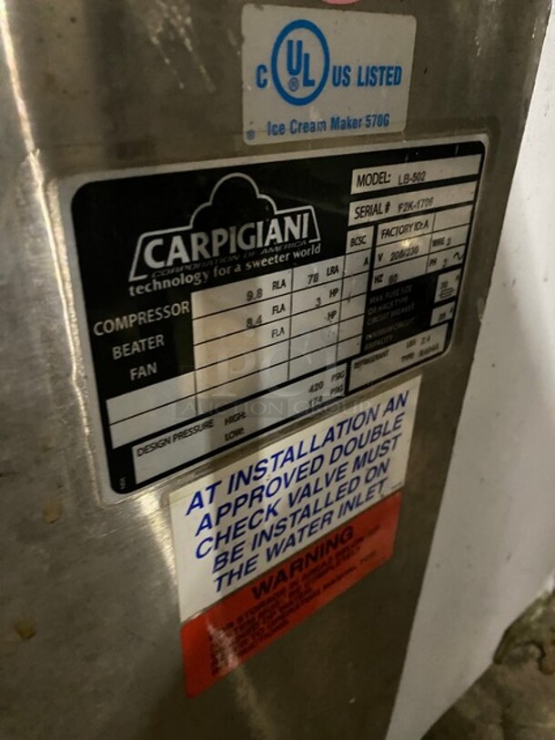 Carpigiani Stainless Steel Commercial Floor Style Batch Freezer on Commercial Casters! Working When Removed! Model LB502 SN: F2K1706 208/230V 3PH - Image 5 of 11