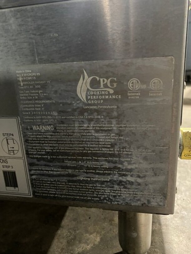 CPG Commercial Countertop Natural Gas Powered 15" Char Broiler Grill! With Back & Side Splashes! All Stainless Steel! Model CBR15 Serial 351CRCPG15! On Legs! - Image 7 of 9