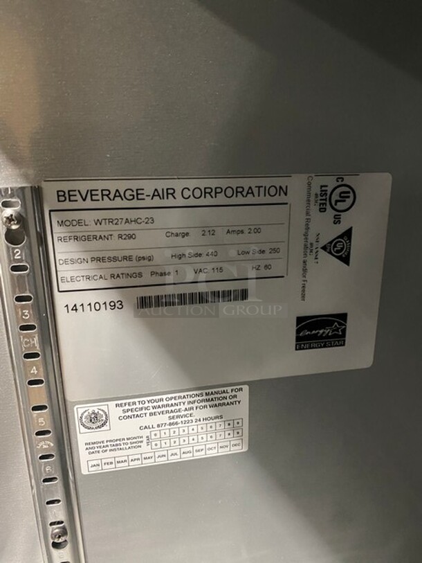 New! In Box Beverage Air One Door Refrigerated Low Boy/Work Top Cooler! MODEL WTR27AHC23 SN:14110193 115V 1PH! Working! - Image 7 of 9