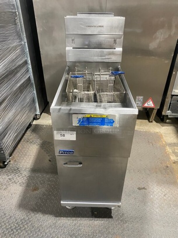 Pitco Commercial Natural Gas Powered Deep Fat Fryer! With 2 Metal Frying Baskets! All Stainless Steel! On Legs! Model: 35C SN: G14KD063719 - Image 1 of 9