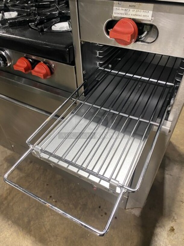 FAB! Franklin Commercial Natural Gas Powered 6 Burner Stove With Right Side Flat Griddle And Cheese Melter Combo! Griddle Has Side Splashes! With Raised Back Splash And Salamander Shelf! With Single Small Door Storage Space! With Oven Underneath! Metal Oven Racks! All Stainless Steel! On Legs! - Image 10 of 12