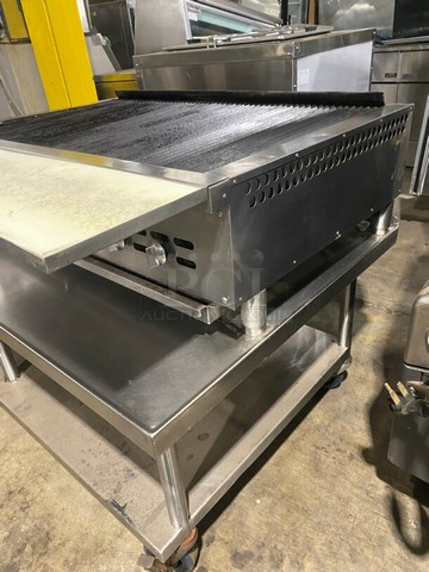 Bakers Pride Commercial Countertop Natural Gas Powered 48 Inch Char Broiler Grill! On Commercial 60 Inch Equipment Stand! With Underneath Storage Space! All Stainless Steel! Model XX8 Serial 592381707002! On Casters! Working When Removed! - Image 2 of 9