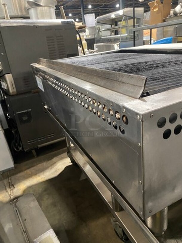 Bakers Pride Commercial Countertop Natural Gas Powered 48 Inch Char Broiler Grill! On Commercial 60 Inch Equipment Stand! With Underneath Storage Space! All Stainless Steel! Model XX8 Serial 592381707002! On Casters! Working When Removed! - Image 4 of 9