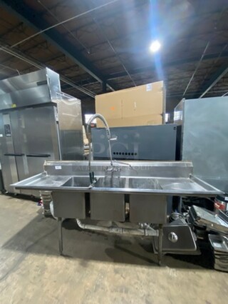 BK Resources Heavy Duty  All Stainless Steel 3 Compartment Dishwashing Sink! With Dual Drain Boards! With Jet Spary Assembly! On Legs! 