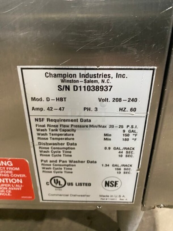 Champion Commercial Pass-Through Dishwasher Machine! All Stainless Steel! On Legs! With Right Side Dishwasher Table! With Back And One Side Splash! Model: DHBT SN: D11038937 208/240V 60HZ 3 Phase - Image 8 of 9