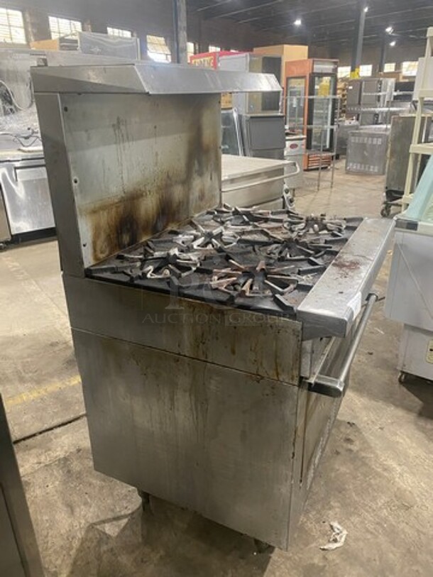Garland Commercial Natural Gas Powered 6 Burner Stove! With Raised Back Splash And Salamander Shelf! With Oven Underneath! All Stainless Steel! On Legs! - Image 4 of 9