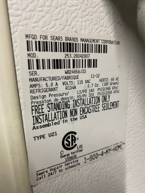 Kenmore Upright Single Door Reach In Refrigerator! With Poly Coated Racks And Shelves! NOT TESTED! Model: 253.28042807 SN: WB24658733 115V 60HZ - Image 7 of 8