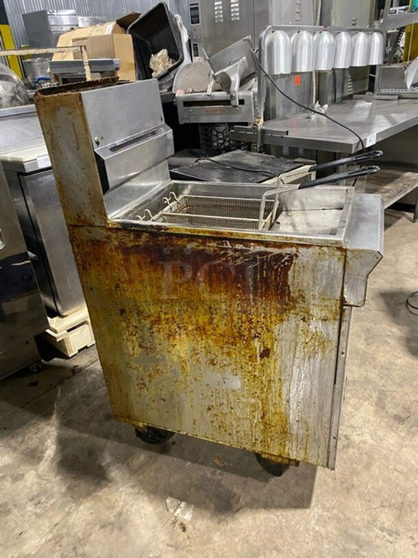 SWEET! DCS Commercial Natural Gas Powered Deep Fat Fryer! With Backsplash! With 2 Frying Baskets! All Stainless Steel! On Casters! WORKING WHEN REMOVED! - Image 2 of 7