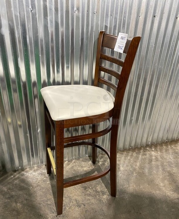 WOW! New! Solid Beech Cherry Wood Cross Back Commercial Bar Stool! With White Vinyl Seat! 3x Your Bid! - Image 2 of 7