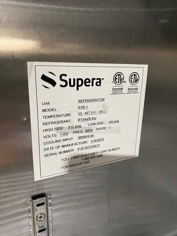 Supera Commercial Single Door Cooler! Stainless Steel! On Casters! MODEL R1R1 SN: P01161510572 115V 1PH  - Image 7 of 9