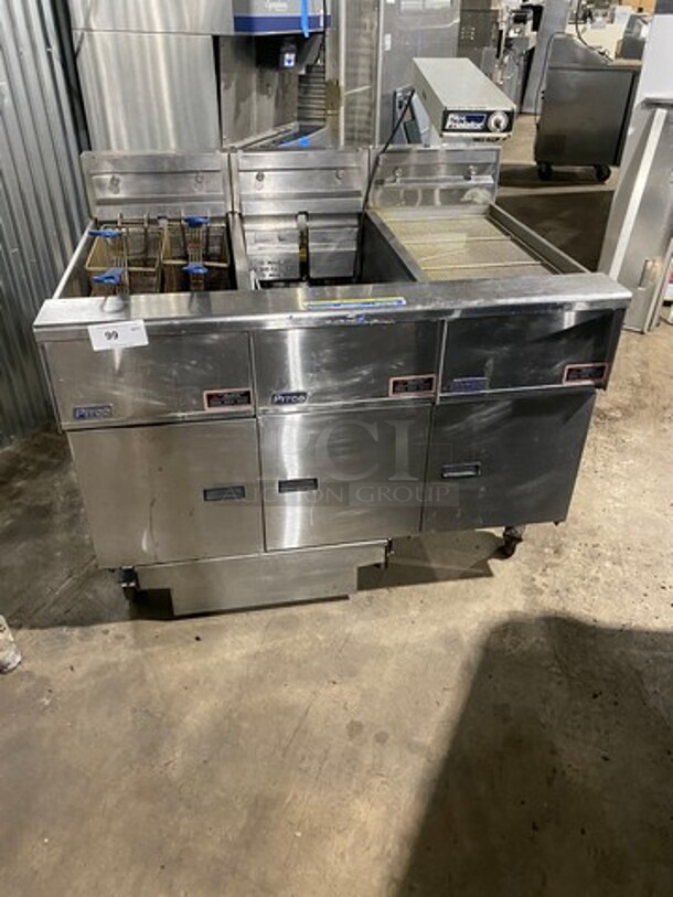 Pitco Frialator Commercial Electric Powered 2 Bay Deep Fat Fryer With Dump Station! With Oil Filter System! All Stainless Steel! On Casters! Model: SE14 SN: E10HD036879 208V 60HZ 3 Phase