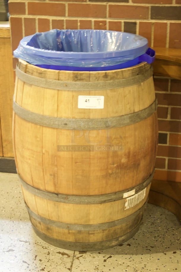 Full Size Wooden Wine Barrel With Round Trash Receptacle Inside. 