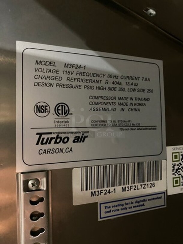 Turbo Air Commercial Single Door Reach In Freezer! All Stainless Steel! On Casters! Model: M3F241 SN: M3F2L7Z126 115V 60HZ 1 Phase - Image 7 of 9