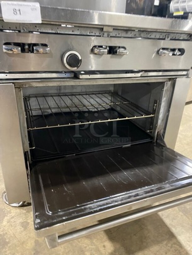 Sunfire Commercial Natural Gas Powered 6 Burner Stove! With Raised Back Splash And Salamander Shelf! With Oven Underneath! All Stainless Steel! On Casters! Working When Removed!  - Image 7 of 10