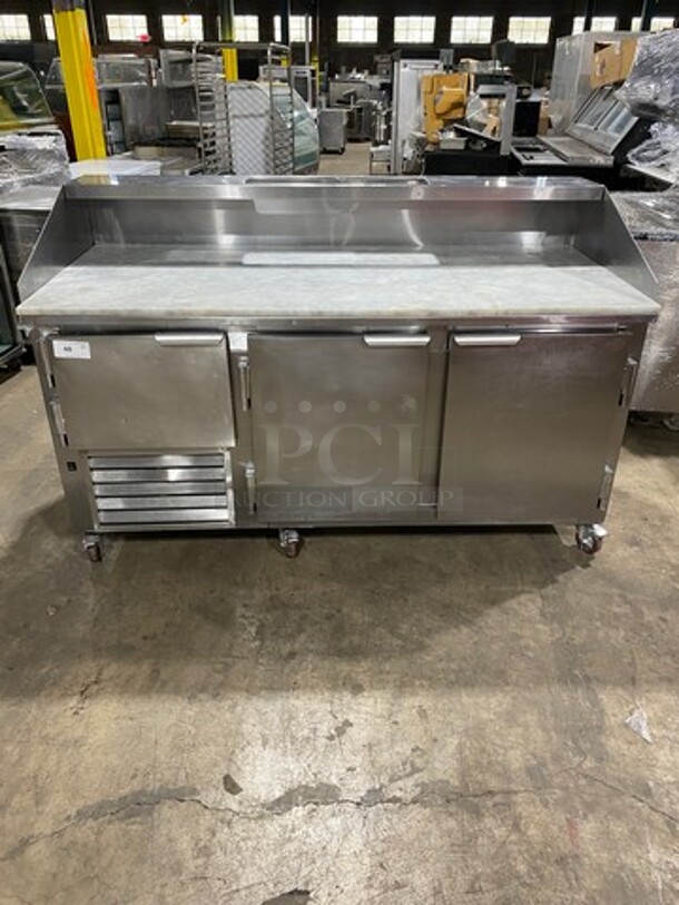 2017 Leader Commercial Refrigerated Pizza Prep Table! With Marble Top! With 3 Door Storage Space Underneath! All Stainless Steel! On Casters! Model: DR72SC SN: AA11M2201 115V 60HZ 1 Phase