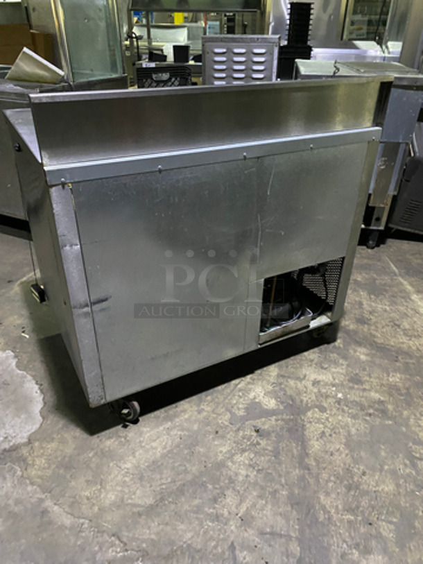 Custom Cool Commercial Work/Prep Table! With Backsplash! With Refrigerated 2 Door Underneath Storage! All Stainless Steel! On Casters! - Image 3 of 8