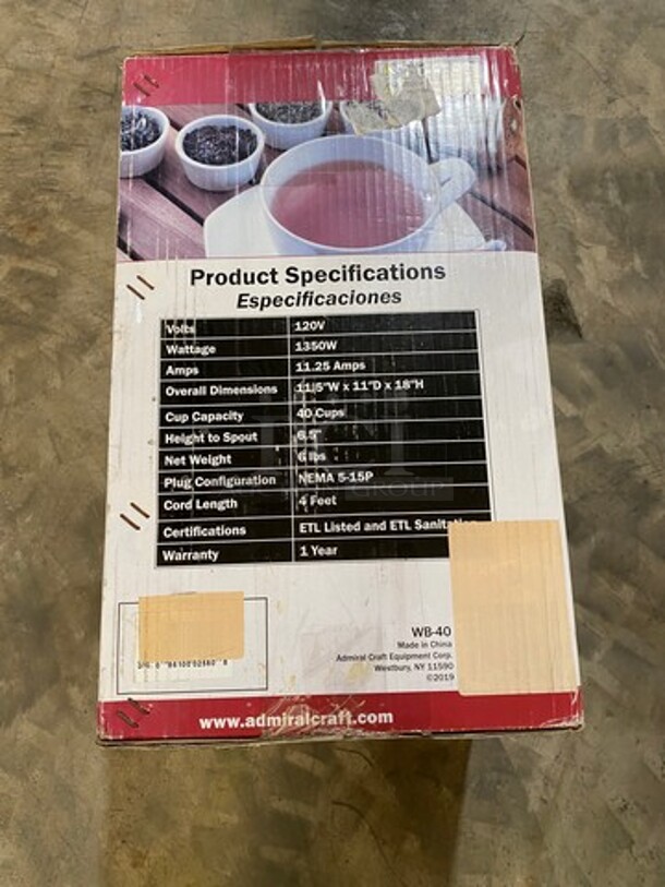 NEW! IN THE BOX! Adcraft Commercial Countertop Water Boiler/ Hot Water Dispenser! 40 Cup Capacity! Stainless Steel! Model: WB40 120V - Image 2 of 11