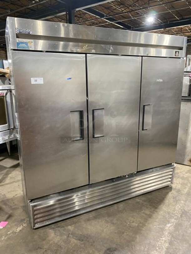 True Commercial 3 Door Reach In Cooler! With Poly Coated Racks! All Stainless Steel! Model: TS72 SN: 12896565 115V 60HZ 1 Phase