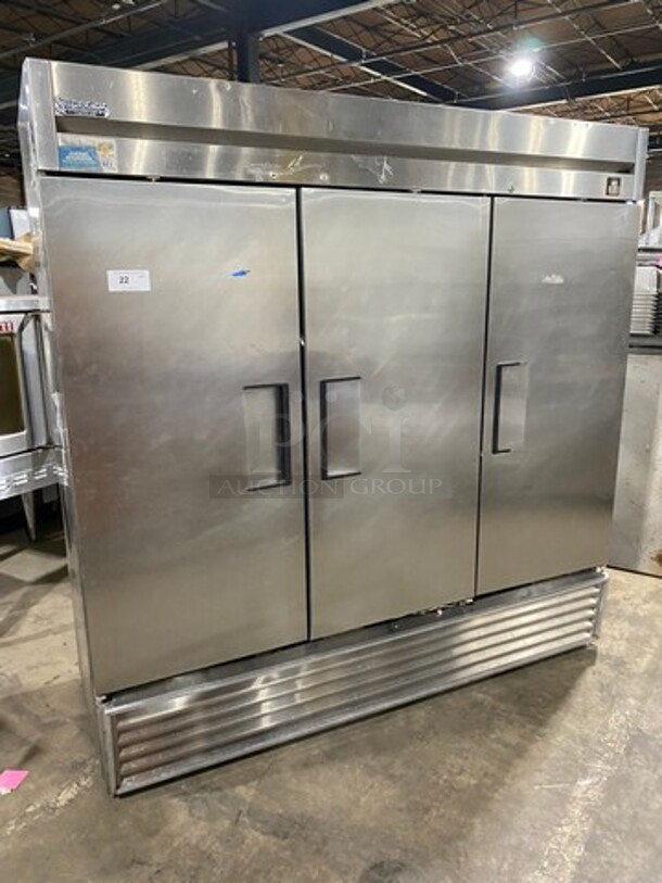 True Commercial 3 Door Reach In Cooler! With Poly Coated Racks! All Stainless Steel! Model: TS72 SN: 12896565 115V 60HZ 1 Phase - Image 1 of 10