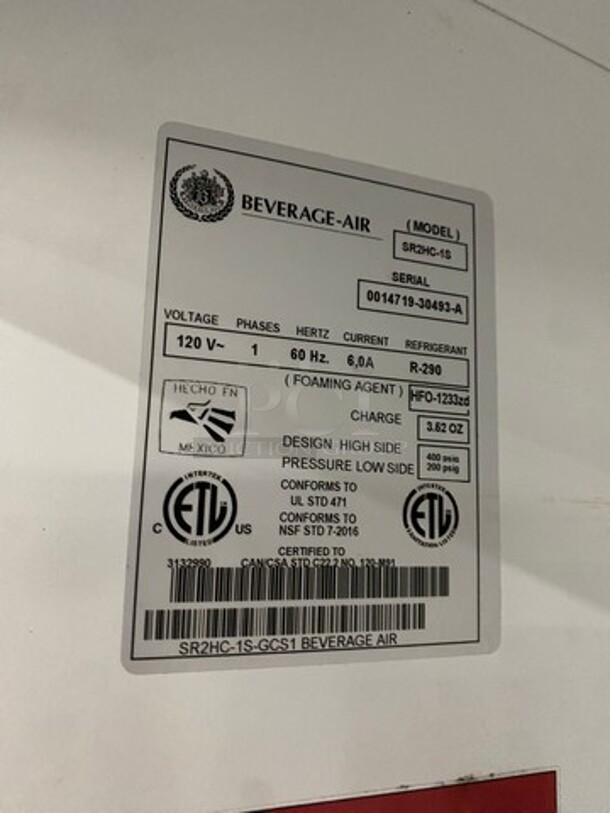 BEVERAGE AIR COMMERCIAL 2 Stainless Steel Door Reach In COOLER!  Model SR2HC-1S Serial 0014719-30493-A! 120V/60Hz/ 1 Phase, On Casters!
 - Image 2 of 2