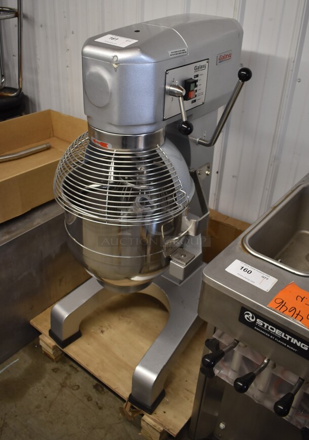 BRAND NEW SCRATCH AND DENT! Galaxy 177GMIX30 Metal Commercial Floor Style 30 Quart Planetary Dough Mixer w/ Stainless Steel Mixing Bowl, Bowl Guard, Dough Hook and Paddle Attachments. 110 Volts, 1 Phase. Tested and Working!
