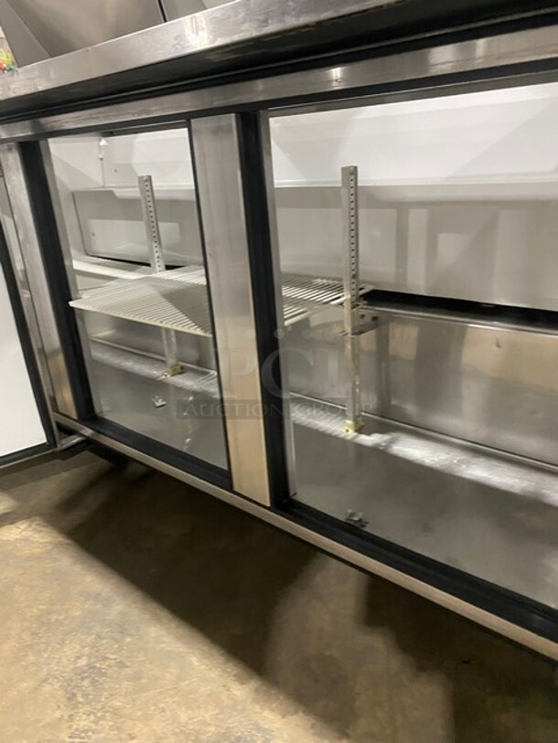 True Commercial Refrigerated Mega Top Sandwich Prep Table! With 3 Door Storage Space Underneath! Poly Coated Racks! All Stainless Steel! On Casters! Model: TSSU7218 SN: 14477571! 115V 60HZ 1 Phase! - Image 6 of 9