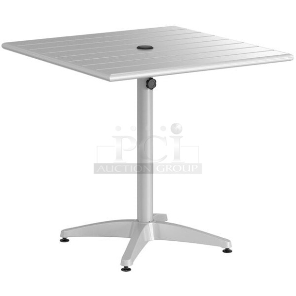 BRAND NEW SCRATCH & DENT! Lancaster Table & Seating 427CAU3232SL 32" x 32" Silver Powder-Coated Aluminum Dining Height Outdoor Table with Umbrella Hole 32x32x30   - Image 1 of 1