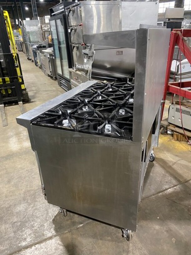 Great! US Range Commercial Natural Gas Powered 8 Burner Stove! With Raised Back Splash And Salamander Shelf! With Oven Underneath! All Stainless Steel! On Casters! Working When Removed! - Image 4 of 9