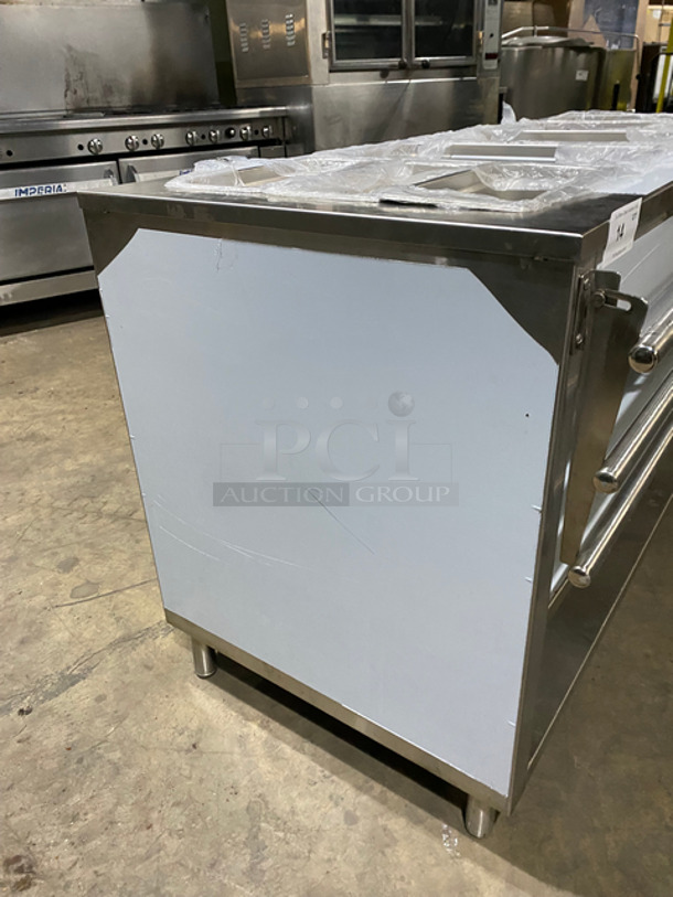 NEW! NEVER USED! Bayonne Commerical 5 Bay Cold Pan/Cold Food Buffet Counter! With Folding Serving Counter! With 2 Shelf Storage Underneath! All Stainless Steel! On Legs! Model: CPM-72 SN:7195 120V 60HZ 1 Phase! - Image 2 of 11
