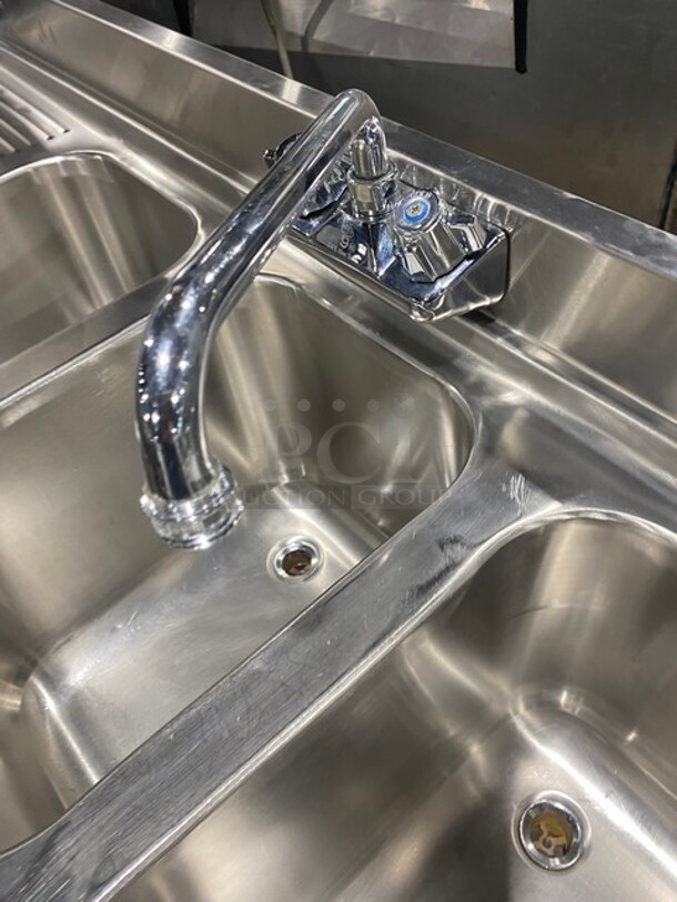 SWEET! L & J Commercial 3 Bay Bar Back Sink! With Dual Side Drain Boards! With Back Splash! With Faucets And Handles! All Stainless Steel! On Legs! - Image 8 of 9