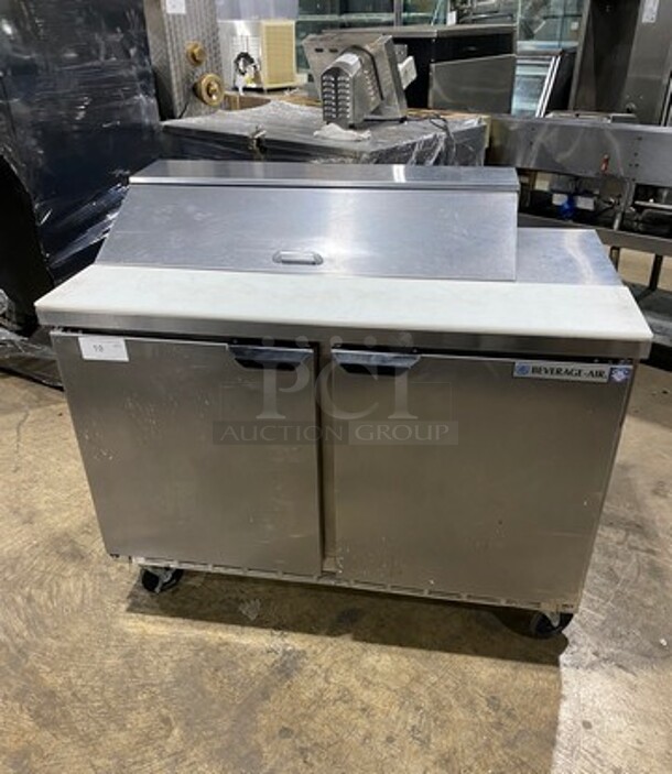Beverage Air Commercial Refrigerated Sandwich Prep Table! With Commercial Cutting Board! With 2 Door Storage Space Underneath! All Stainless Steel! On Casters! Model: SPE4810 SN: 10704972 115V 1 Phase