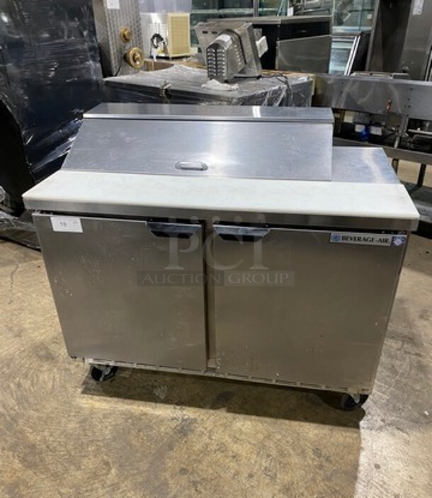 Beverage Air Commercial Refrigerated Sandwich Prep Table! With Commercial Cutting Board! With 2 Door Storage Space Underneath! All Stainless Steel! On Casters! Model: SPE4810 SN: 10704972 115V 1 Phase - Image 1 of 12