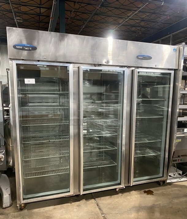 COOL! Hoshizaki Commercial 3 Door Reach In Cooler Merchandiser! With View Through Doors! Poly Coated Racks! All Stainless Steel Body! WORKING WHEN REMOVED! Model: CR3SFGYCR SN: F60047C 115V 60HZ 1 Phase