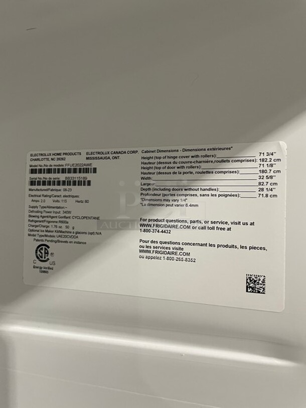 Amazing! White Frigidaire Single Door Reach In Freezer! With Racks!
115V 60HZ Model: FFUE2022AWE Serial: BB33115189 - Image 8 of 9