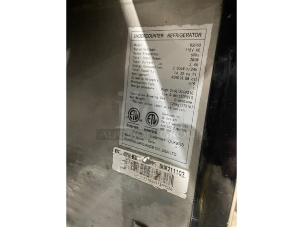 Dukers Commercial Refrigerated Sandwich/Salad Prep Table! All Stainless Steel! With 2 Door Storage Space Underneath! With Poly Coated Racks! Model DSP 60 Serial DUK211103! 115V! On Casters! - Image 7 of 9