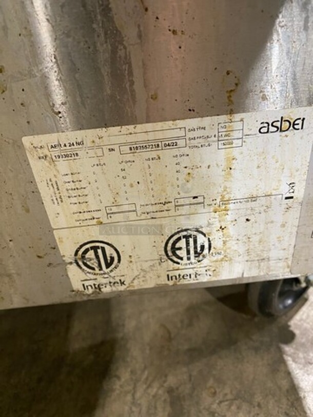LATE MODEL! 2022 Asber Commercial Natural Gas Powered 4 Burner Stove! With Raised Back Splash And Salamander Shelf! With Oven Underneath! All Stainless Steel! On Casters! Model: AER424NG SN: 8102557218 - Image 9 of 10