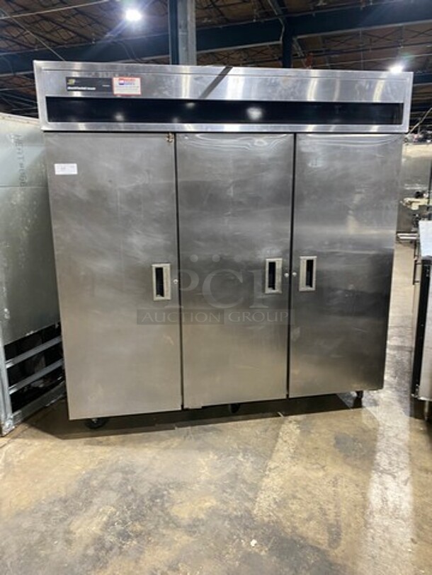 COOL! Delfield Commercial 3 Door Reach In Freezer! With Poly Coated Racks! All Stainless Steel! On Casters!