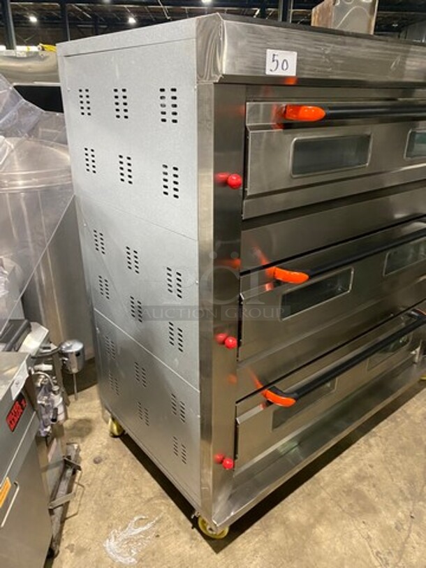 NEW! NEVER USED! OUT OF THE BOX! Astar Commercial Gas Powered Triple Deck Baking Oven! All Stainless Steel! On Casters! Model: HGB90Q - Image 2 of 12