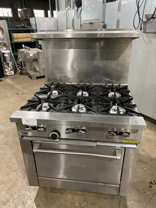 Sunfire Commercial Natural Gas Powered 6 Burner Stove! With Raised Back Splash And Salamander Shelf! With Oven Underneath! All Stainless Steel! On Casters! - Image 1 of 10
