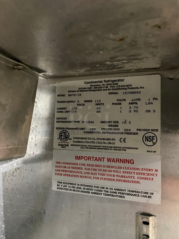 Continental Commercial Refrigerated Sandwich Prep Table! With 3 Door Underneath Storage Space! All Stainless Steel! Model SW7218 Serial 157A8858! 115V 1Phase! - Image 7 of 9