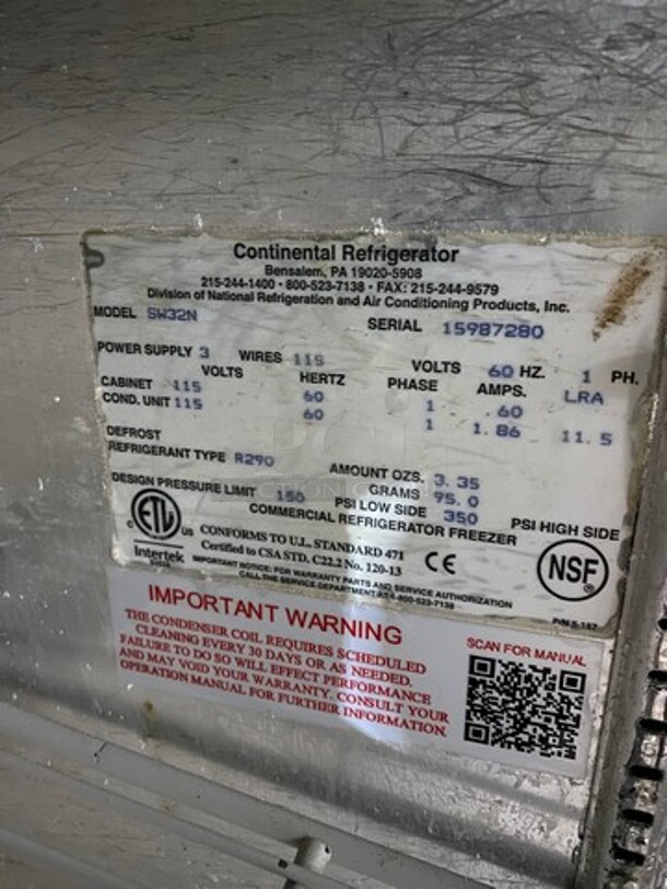 Continental Commercial Single Door Refrigerated Lowboy/Work Top Cooler! All Stainless Steel! Model: SW32N SN: 15987280 115V 60HZ 1 Phase - Image 6 of 11