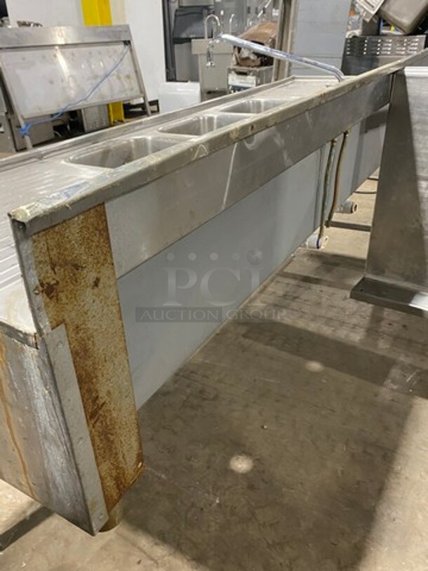 SWEET! Supreme Metal Commercial 3 Bay Bar Back Sink! With Dual Side Drain Boards! With Back Splash! With Faucets And Handles! All Stainless Steel! On Legs! - Image 4 of 10
